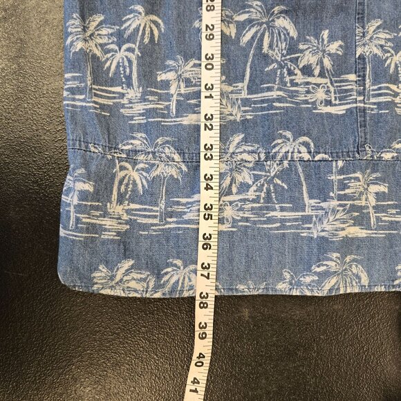Women's L Blue Sleeveless Palm Tree Print Denim Chambray Shift Dress Jumper - Picture 4 of 11